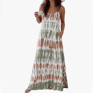 Tie dye Sleeveless Soft Long beach summer Lounge Dress pockets